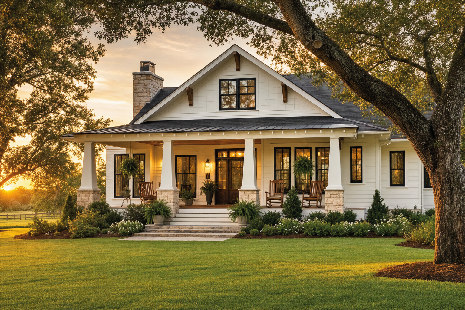 A finished craftsman renovation with warm evening light