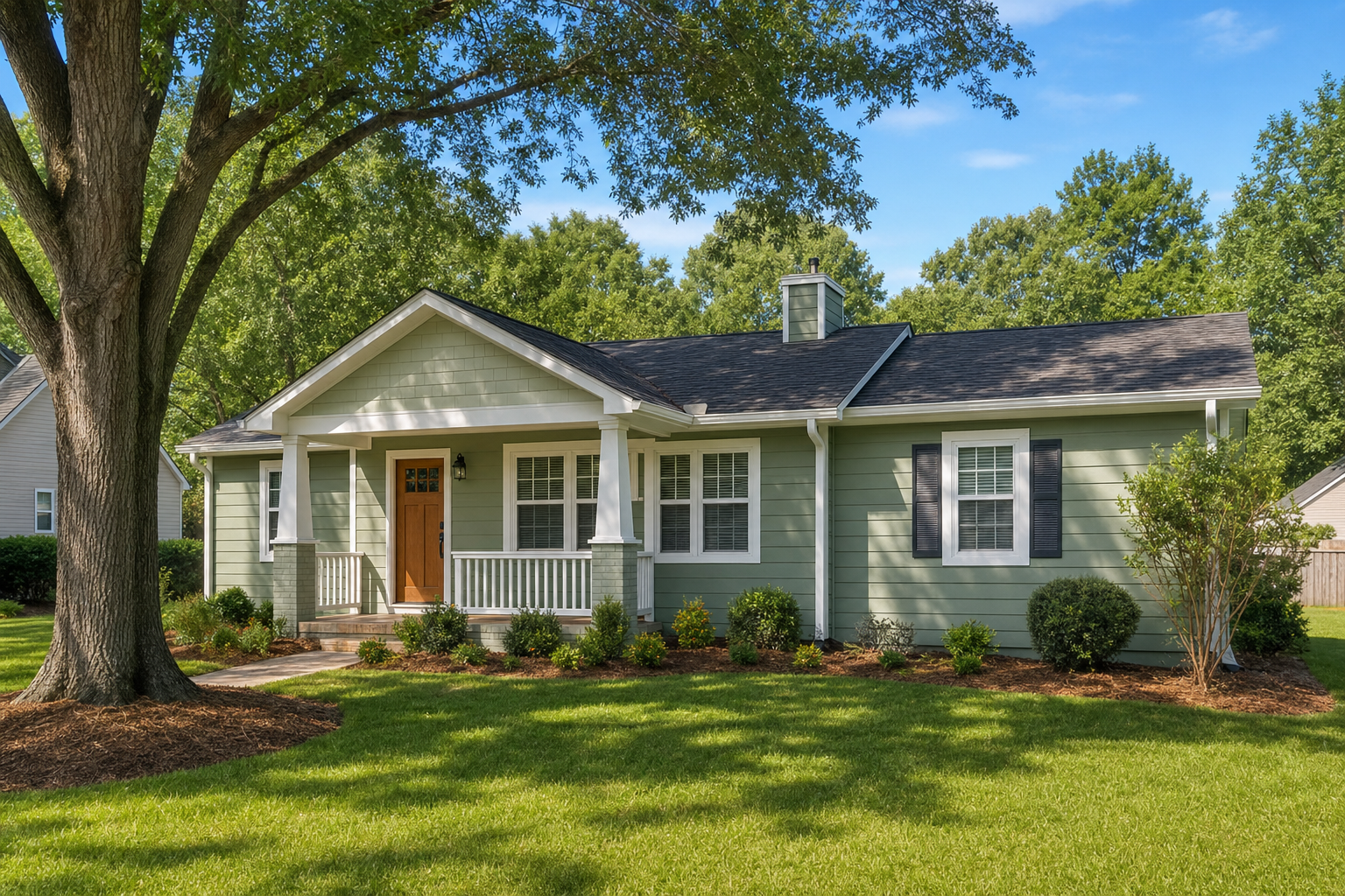 A sage-green renovated rental home